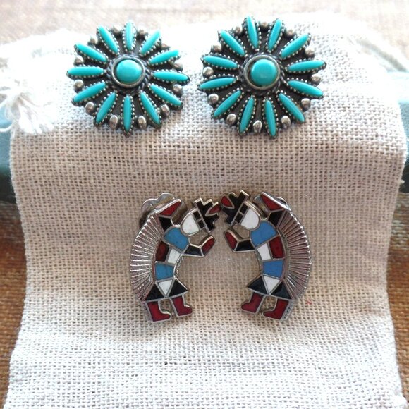 VINTAGE Jewelry - Vintage Costume Turquoise CLIP-ON Earrings Native American Design Set of TWO